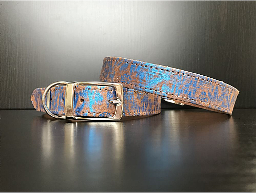Brown with Blue Metallic Flowers - Leather Dog Collar - Size L